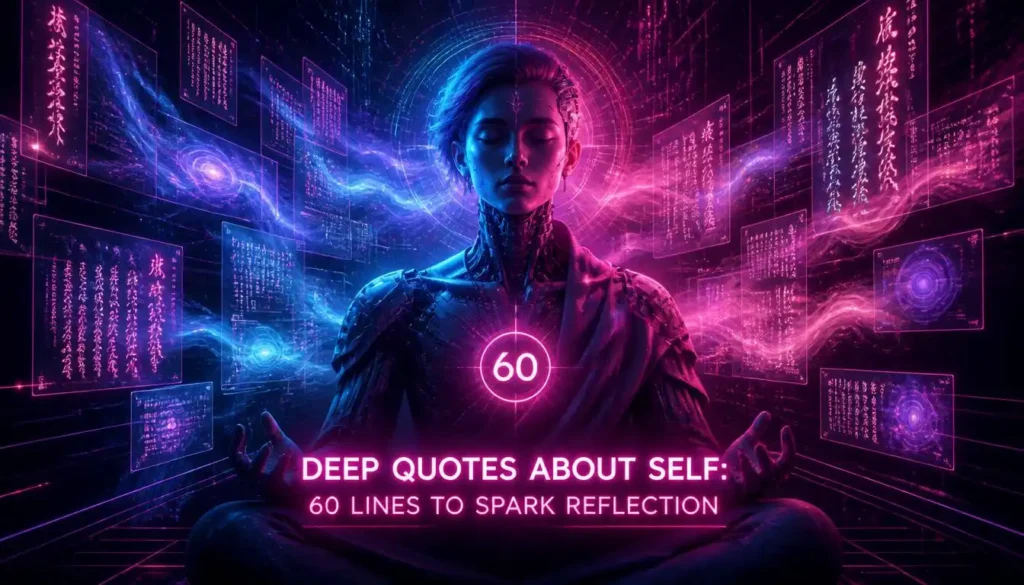 "A futuristic cyberpunk portrait of a cyborg meditating in an indigo and pink void, surrounded by floating holographic text screens representing self-reflection quotes."