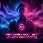 "A futuristic cyberpunk portrait of a cyborg meditating in an indigo and pink void, surrounded by floating holographic text screens representing self-reflection quotes."