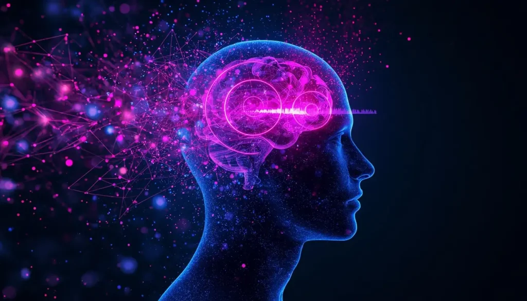 An abstract surrealist illustration showing a side-profile of a human head dissolving into indigo and pink particles and geometric data streams. The brain region glows brightly in pink, while concentric indigo soundwave rings radiate from the forehead. The composition focuses on thought visualization and introspection, with no text visible. The dark background and vibrant neon accents create a futuristic, meditative atmosphere representing heightened self-awareness and inner exploration.