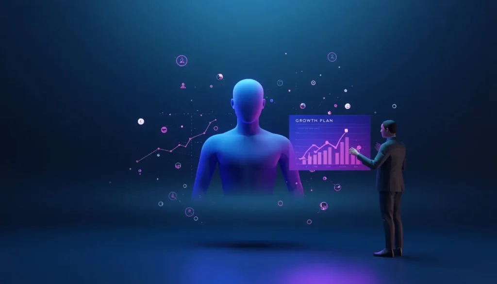 A minimalist 3D render of a futuristic interface featuring an employee's digital twin surrounded by floating skill nodes and upward-trending pink graphs. A manager figure interacts with a transparent touchscreen, dragging a glowing "growth plan" module toward the employee. The scene uses only indigo blue and electric pink colors against a dark matte background. No text is present, emphasizing a sleek, modern approach to staff development and performance tracking.