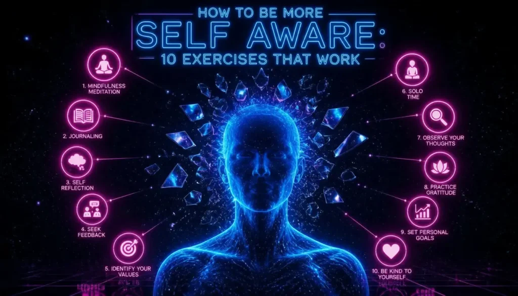A cyberpunk-inspired conceptual artwork depicting a human silhouette made of indigo blue light, with a glowing pink third eye and floating mirror shards around the head. Ten luminous pink orbs surround the figure, representing self-awareness exercises. Above the scene, neon typography reads "How to Be More Self Aware: 10 Exercises That Work" in futuristic indigo lettering. The background is a dark starry digital void, emphasizing introspection, mindfulness, and personal growth in a futuristic setting.