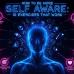 A cyberpunk-inspired conceptual artwork depicting a human silhouette made of indigo blue light, with a glowing pink third eye and floating mirror shards around the head. Ten luminous pink orbs surround the figure, representing self-awareness exercises. Above the scene, neon typography reads "How to Be More Self Aware: 10 Exercises That Work" in futuristic indigo lettering. The background is a dark starry digital void, emphasizing introspection, mindfulness, and personal growth in a futuristic setting.