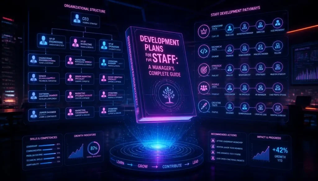 A futuristic digital art piece showing a holographic HR flowchart in glowing indigo blue and neon pink. A floating book titled "Development Plans for Staff: A Manager's Complete Guide" sits center-stage in bold pink typography. The dark cyberpunk office background features data streams, circular growth rings, and floating employee profiles. The scene conveys structured career progression and managerial planning in a high-tech corporate environment.