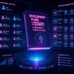 A futuristic digital art piece showing a holographic HR flowchart in glowing indigo blue and neon pink. A floating book titled "Development Plans for Staff: A Manager's Complete Guide" sits center-stage in bold pink typography. The dark cyberpunk office background features data streams, circular growth rings, and floating employee profiles. The scene conveys structured career progression and managerial planning in a high-tech corporate environment.